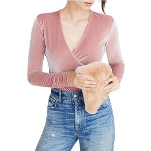 Madewell Velvet Wrap Bodysuit, Size Large Mauve Shadow Long Sleeve Feminine